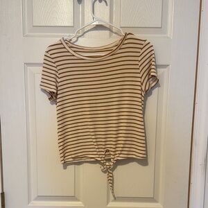 American Eagle Outfitters Cream & Brown Striped Tie-Front Crop Top